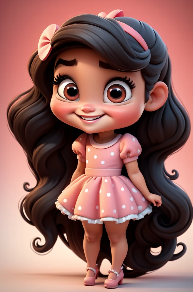 3d illustration, pixar style, cute chibi, baby girl ariana grande, black hair, long hair, red bow in hair, dress red with black with white dots, bright eyes, big eyelash, pink cheeks, happy, smiling, glitter, white socks, red high heels shoes, exuberant, fantastic, cute pose, wonderful, white background, clean solid background, hq, 8k, masterpiece
