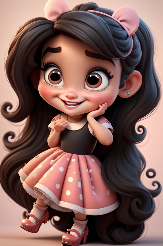 3d illustration, pixar style, cute chibi, baby girl ariana grande, black hair, long hair, red bow in hair, dress red with black with white dots, bright eyes, big eyelash, pink cheeks, happy, smiling, glitter, white socks, red high heels shoes, exuberant, fantastic, cute pose, wonderful, white background, clean solid background, hq, 8k, masterpiece
