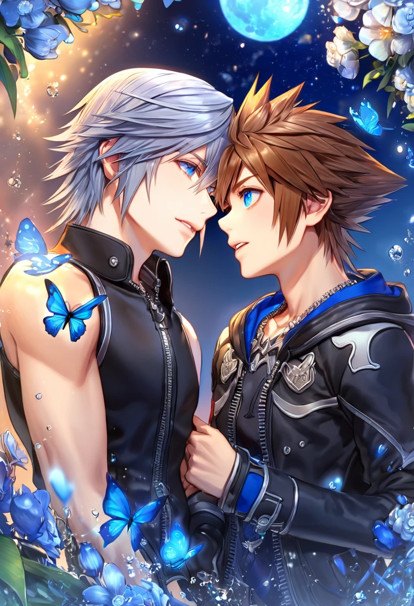 absurdres, highres, ultra detailed, HDR, master piece, best quality, extremely detailed, Riku, gray hair, expressive blue eyes, Kingdom Hearts, Sora, brown hair, expressive blue eyes, two sexy men together, gay couple, yaoi, handsome, black jacket, fantasy, water, sparkling, blue glittering fireflies, blue moon, blue flowers, blue butterflies, starry sky