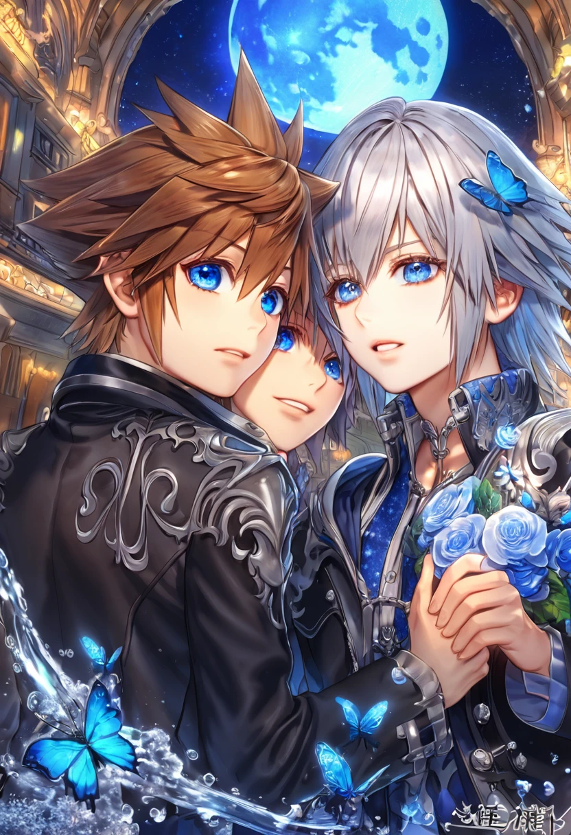 absurdres, highres, ultra detailed, HDR, master piece, best quality, extremely detailed, Riku, gray hair, expressive blue eyes, Kingdom Hearts, Sora, brown hair, expressive blue eyes, two sexy men together, gay couple, yaoi, handsome, black jacket, fantasy, water, sparkling, blue glittering fireflies, blue moon, blue flowers, blue butterflies, starry sky