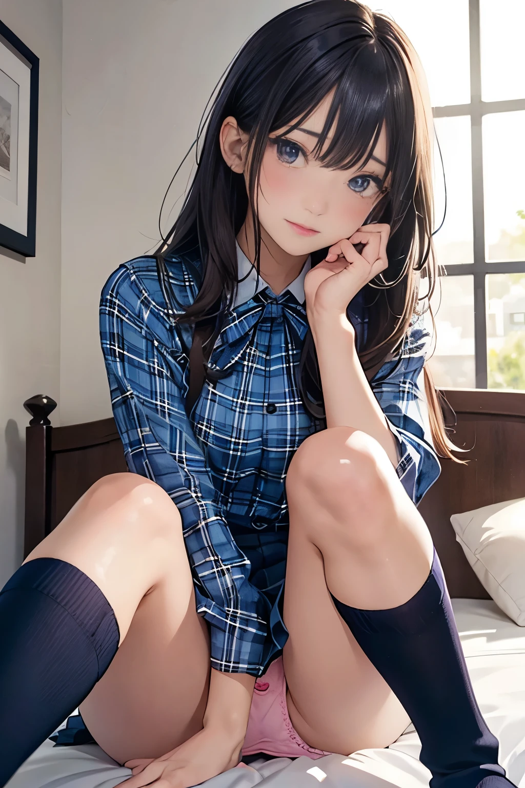 Photorealism、Highest quality、Ultra-high resolution、Browsing Caution、Girl in uniform sitting on bed、M-shaped feet:1.4、She opened her legs wide:1.5、Sit with your knees bent and your legs apart、((Showing panties:1.5))、A sexy look for the camera、((Blonde))、((pink silk panties))、((Panties close up:1.2))、Light blue shirt、Dark blue tartan check pleated skirt、Dark blue socks、A cute and beautiful face down to the last detail、(Purelos Face_v1:0.008)、Brown eyes、eyeliner、blush、Embarrassing、Glare、 Glossy Lips: 1.4,  impatience、It was scary、Glare、Panty Appeal、blush、はAre crying、Are crying、Open your knees、Spread your legs、Disheveled clothes、dressing、Medium Long Hair,In the bedroom、Anatomically Accurate human body、Perfect Arms、Perfect hands、Perfect Fingers、Perfect Legs、Accurate human body、((View angle from below:1.3))