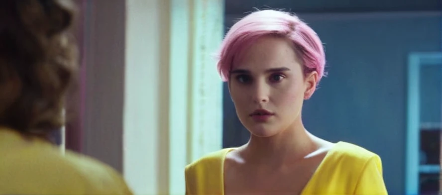 Hyperrealistic art of  Cinematic Closeup Shot Film Footage captured by Panavision Cameras and Lenses, young Natalie Portman with a naked short fancy pink hair, yellow crown in her pink hair, woman with a surprise look on her face looking at someone in a surprise look on herface in a room, yellow crown in her hair, yellow blouse, black jeans, with blur background of blue empty house and perfect warm light on Fright Night 1985 Film Style, Analogic cam, Extremely high-resolution details, photographic, realism pushed to extreme, fine texture, incredibly lifelike