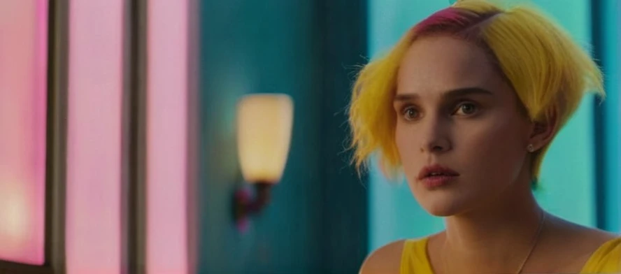 Hyperrealistic art of  Cinematic Closeup Shot Film Footage captured by Panavision Cameras and Lenses, young Natalie Portman with a naked short fancy pink hair, yellow crown in her pink hair, woman with a surprise look on her face looking at someone in a surprise look on herface in a room, yellow crown in her hair, yellow blouse, black jeans, with blur background of blue empty house and perfect warm light on Fright Night 1985 Film Style, Analogic cam, Extremely high-resolution details, photographic, realism pushed to extreme, fine texture, incredibly lifelike