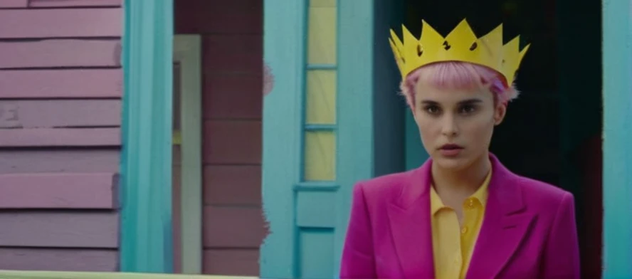 Hyperrealistic art of  Cinematic Closeup Shot Film Footage captured by Panavision Cameras and Lenses, young Natalie Portman with a naked short fancy pink hair, yellow crown in her pink hair, woman with a surprise look on her face looking at someone in a surprise look on herface in a room, yellow crown in her hair, yellow blouse, black jeans, with blur background of blue empty house and perfect warm light on Fright Night 1985 Film Style, Analogic cam, Extremely high-resolution details, photographic, realism pushed to extreme, fine texture, incredibly lifelike