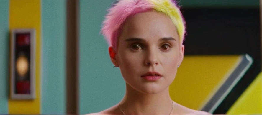 Hyperrealistic art of  Cinematic Closeup Shot Film Footage captured by Panavision Cameras and Lenses, young Natalie Portman with a naked short fancy pink hair, yellow crown in her pink hair, woman with a surprise look on her face looking at someone in a surprise look on herface in a room, yellow crown in her hair, yellow blouse, black jeans, with blur background of blue empty house and perfect warm light on Fright Night 1985 Film Style, Analogic cam, Extremely high-resolution details, photographic, realism pushed to extreme, fine texture, incredibly lifelike