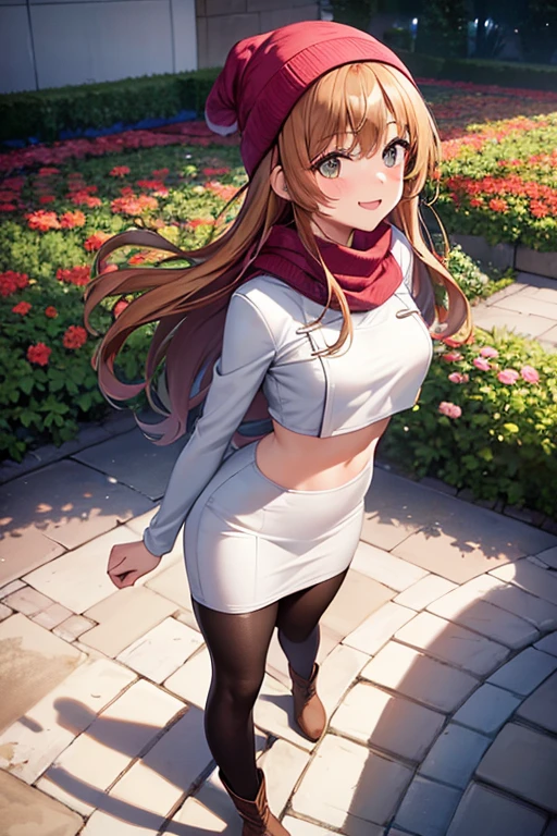 1girl, woman wearing white leather jacket, crop top, tight midi pencil skirt black, long length pencil skirt, modest skirt, long brown hair, looking at viewer, full body, walking, smile, blush, boots, garden, fall, large bust, beanie, scarf