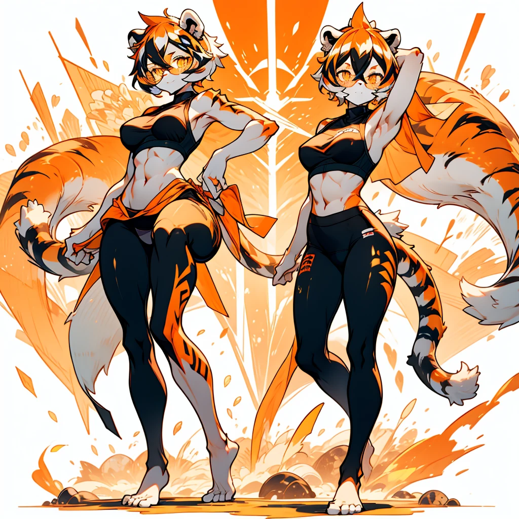 white background, full body, solo, 1girl, Standing Yoga mat, heading up, proud, young girl, animal ears, arknights, white hair, black hair, round eyewear, glasses, OPPEIN, short hair, large breasts, muscle, tail, orange eyes, orange hair, multicolored hair, tiger girl, furry female, hair between eyes, tiger_ears, tiger_tail, waai_fu, orange-tinted_eyewear, tinted_eyewear, Sophorae, ワイフー, waai_fu_arknights, tattoo, petite, neck tattoo, big breasts, stomach tattoo, bra, panties, evil smile, Shadows under feet, Abdominal muscles, nsfw, hentai, Yoga tights, Yoga balls