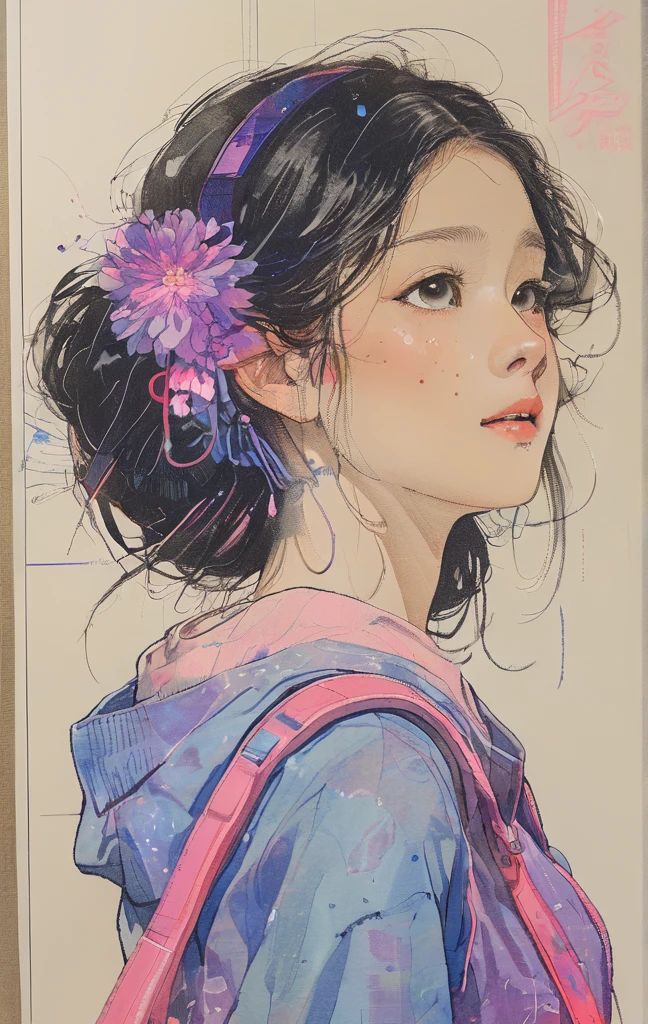 Singin' in the Rain、8K,masterpiece,Highest quality, (From below:1.6) ,Dynamic pose,30 years old, 1 Girl, holding a big bouquet,Portraiture, Floral, watercolor sketch, Light, Long Hair, smile, watercolor \(Moderate\),watercolor,Plain Tank Top,Plain Light blue sweater,Long skirt、Transparent cartoon girl sketch drawn with neon purple pink lines, Sitting at the bus stop, Rural Scenery, Summer day, A fusion of 3D photography and 2D line drawings, Nostalgic atmosphere.