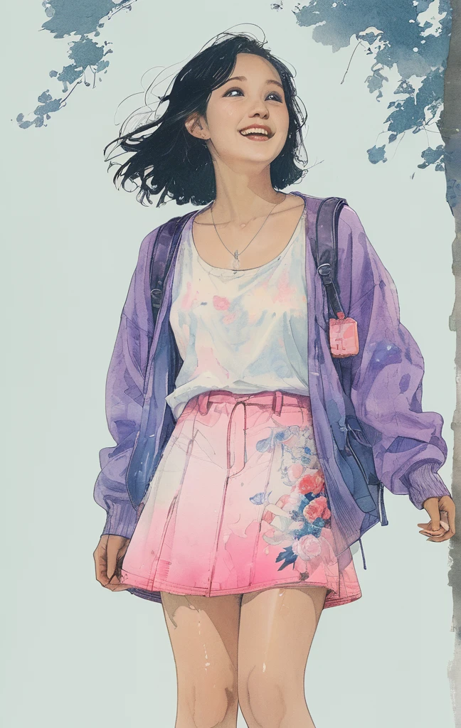 Singin' in the Rain、8K,masterpiece,Highest quality, (From below:1.6) ,Dynamic pose,30 years old, 1 Girl, holding a big bouquet,Portraiture, Floral, watercolor sketch, Light, Long Hair, smile, watercolor \(Moderate\),watercolor,Plain Tank Top,Plain Light blue sweater,Long skirt、Transparent cartoon girl sketch drawn with neon purple pink lines, Sitting at the bus stop, Rural Scenery, Summer day, A fusion of 3D photography and 2D line drawings, Nostalgic atmosphere.