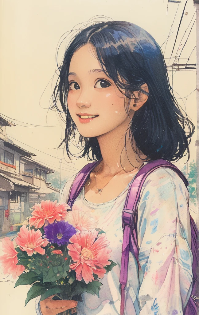 Singin' in the Rain、8K,masterpiece,Highest quality, (From below:1.6) ,Dynamic pose,30 years old, 1 Girl, holding a big bouquet,Portraiture, Floral, watercolor sketch, Light, Long Hair, smile, watercolor \(Moderate\),watercolor,Plain Tank Top,Plain Light blue sweater,Long skirt、Transparent cartoon girl sketch drawn with neon purple pink lines, Sitting at the bus stop, Rural Scenery, Summer day, A fusion of 3D photography and 2D line drawings, Nostalgic atmosphere.