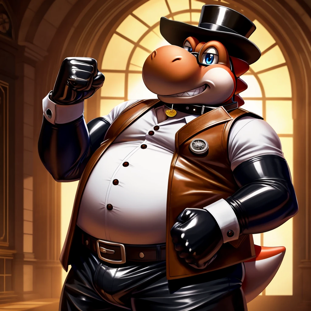 Solo, Male, fat, extremely obese, gentleman, dapper Professor Yoshi, blue eyes, (posing:1.3), (soft shading), 4k, hi res, ((detailed face, detailed)), looking at viewer, evil grin, steampunk, collared shirt with buttons, top hat, male focus, Explorer Outfit, glasses, monocle, bag, vest with buttons, backpack, sleeves rolled up, round eyewear, brown headwear, brown vest, Yoshi is wearing a glossy leather dog collar around the neck, Yoshi is wearing the leather collar and shirt and vest at the same time, Yoshi is wearing glossy white rubber gloves on the hands, wearing white rubber gloves on the feet, Yoshi is wearing glossy white cuffs around the wrists with cufflinks, gloves are rubber in texture, clenching teeth, clenching fists, leather collar is glossy and shiny with a lot of detail, Yoshi is wearing gloves and cuffs and cufflinks at the same time, leather collar has a round dog-tag, leather collar is thick and detailed.