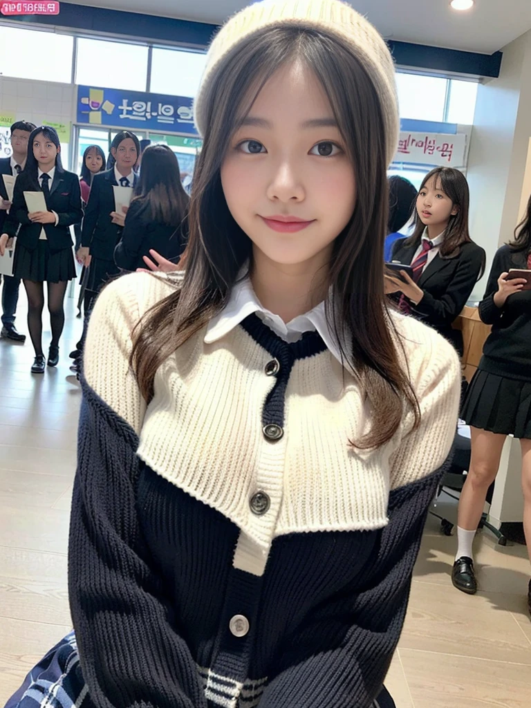 (A photo of a super cute Korean schoolgirl wearing a high-end sweater that looks like a school uniform:1.2)(smile,grin:1.1)(Beautiful Sweat:1.1)(16K, RAW Photos, Highest quality, masterpiece: 1.2),(Shiny and beautiful black long hair) Super detailed, Super Resolution, (Genuine, Genuine photos: 1.37), Portraiture, High-resolution RAW color photos, Professional photos, Very detailed, 8k wallpaper, Very detailed CG Unity 8k wallpaper, Very detailed beautiful girls, Very detailed faces, ((whole body)), beautiful woman, Huge breasts,(huge boobs:1.1) (Big Boobs:1.1), beautiful  (Wearing a high-end school uniform-style sweater),high school girl, Korean Girls,(K-POP Female Idols), (Idol-class beauty)(Beautiful high school girl:1.1)(Famous theme parks)(16 years old)Amusement park date,Cute knitted hats