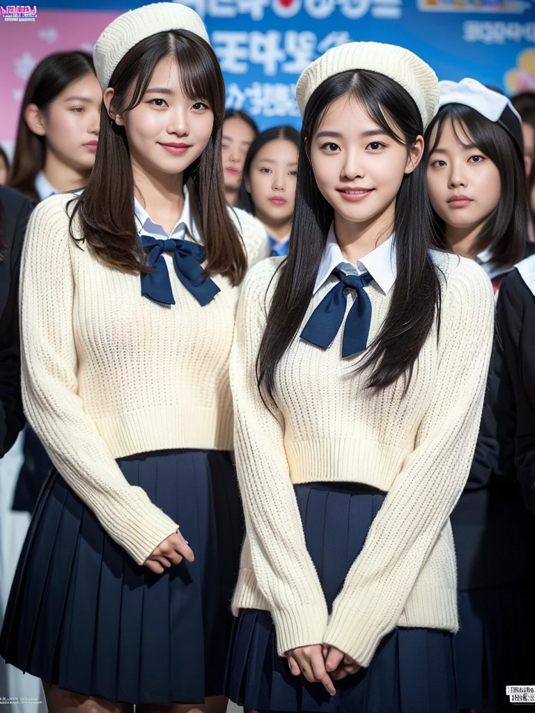 (A photo of a super cute Korean schoolgirl wearing a high-end sweater that looks like a school uniform:1.2)(smile,grin:1.1)(Beautiful Sweat:1.1)(16K, RAW Photos, Highest quality, masterpiece: 1.2),(Shiny and beautiful black long hair) Super detailed, Super Resolution, (Genuine, Genuine photos: 1.37), Portraiture, High-resolution RAW color photos, Professional photos, Very detailed, 8k wallpaper, Very detailed CG Unity 8k wallpaper, Very detailed beautiful girls, Very detailed faces, ((whole body)), beautiful woman, Huge breasts,(huge boobs:1.1) (Big Boobs:1.1), beautiful  (Wearing a high-end school uniform-style sweater),high school girl, Korean Girls,(K-POP Female Idols), (Idol-class beauty)(Beautiful high school girl:1.1)(Famous theme parks)(************)Amusement park date,Cute knitted hats