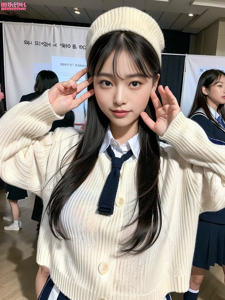 (A photo of a super cute Korean schoolgirl wearing a high-end sweater that looks like a school uniform:1.2)(smile,grin:1.1)(Beautiful Sweat:1.1)(16K, RAW Photos, Highest quality, masterpiece: 1.2),(Shiny and beautiful black long hair) Super detailed, Super Resolution, (Genuine, Genuine photos: 1.37), Portraiture, High-resolution RAW color photos, Professional photos, Very detailed, 8k wallpaper, Very detailed CG Unity 8k wallpaper, Very detailed beautiful girls, Very detailed faces, ((whole body)), beautiful woman, Huge breasts,(huge boobs:1.1) (Big Boobs:1.1), beautiful  (Wearing a high-end school uniform-style sweater),high school girl, Korean Girls,(K-POP Female Idols), (Idol-class beauty)(Beautiful high school girl:1.1)(Famous theme parks)(16 years old)Amusement park date,Cute knitted hats