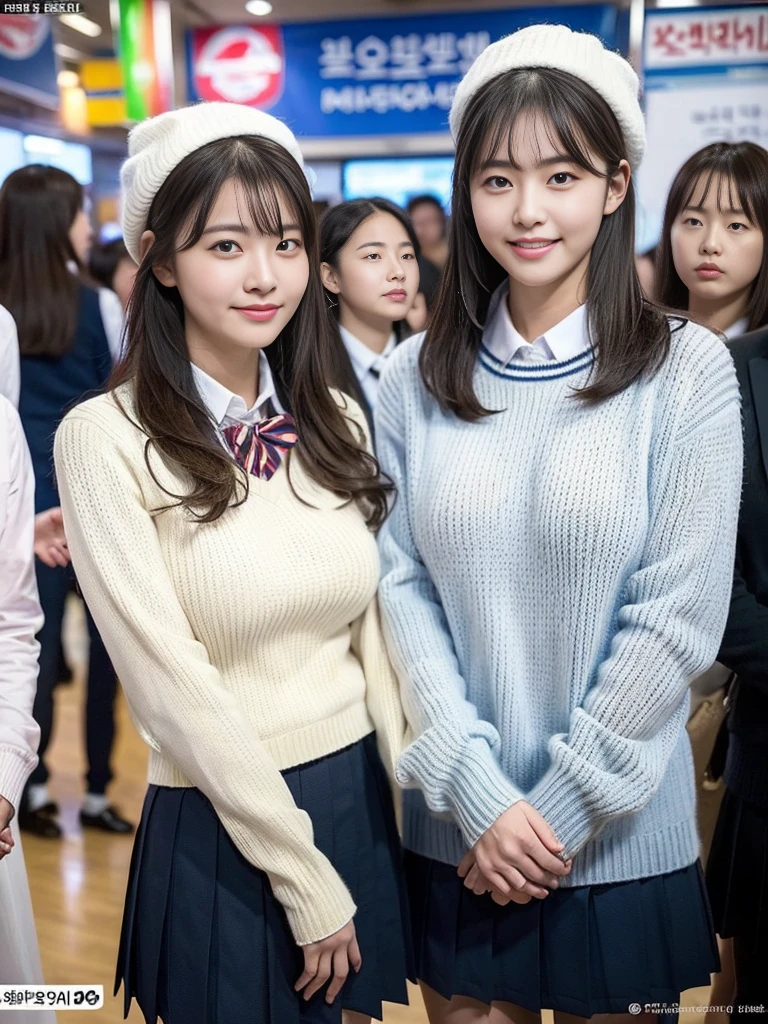 (A photo of a super cute Korean schoolgirl wearing a high-end sweater that looks like a school uniform:1.2)(smile,grin:1.1)(Beautiful Sweat:1.1)(16K, RAW Photos, Highest quality, masterpiece: 1.2),(Shiny and beautiful black long hair) Super detailed, Super Resolution, (Genuine, Genuine photos: 1.37), Portraiture, High-resolution RAW color photos, Professional photos, Very detailed, 8k wallpaper, Very detailed CG Unity 8k wallpaper, Very detailed beautiful girls, Very detailed faces, ((whole body)), beautiful woman, Huge breasts,(huge boobs:1.1) (Big Boobs:1.1), beautiful  (Wearing a high-end school uniform-style sweater),high school girl, Korean Girls,(K-POP Female Idols), (Idol-class beauty)(Beautiful high school girl:1.1)(Famous theme parks)()Amusement park date,Cute knitted hats