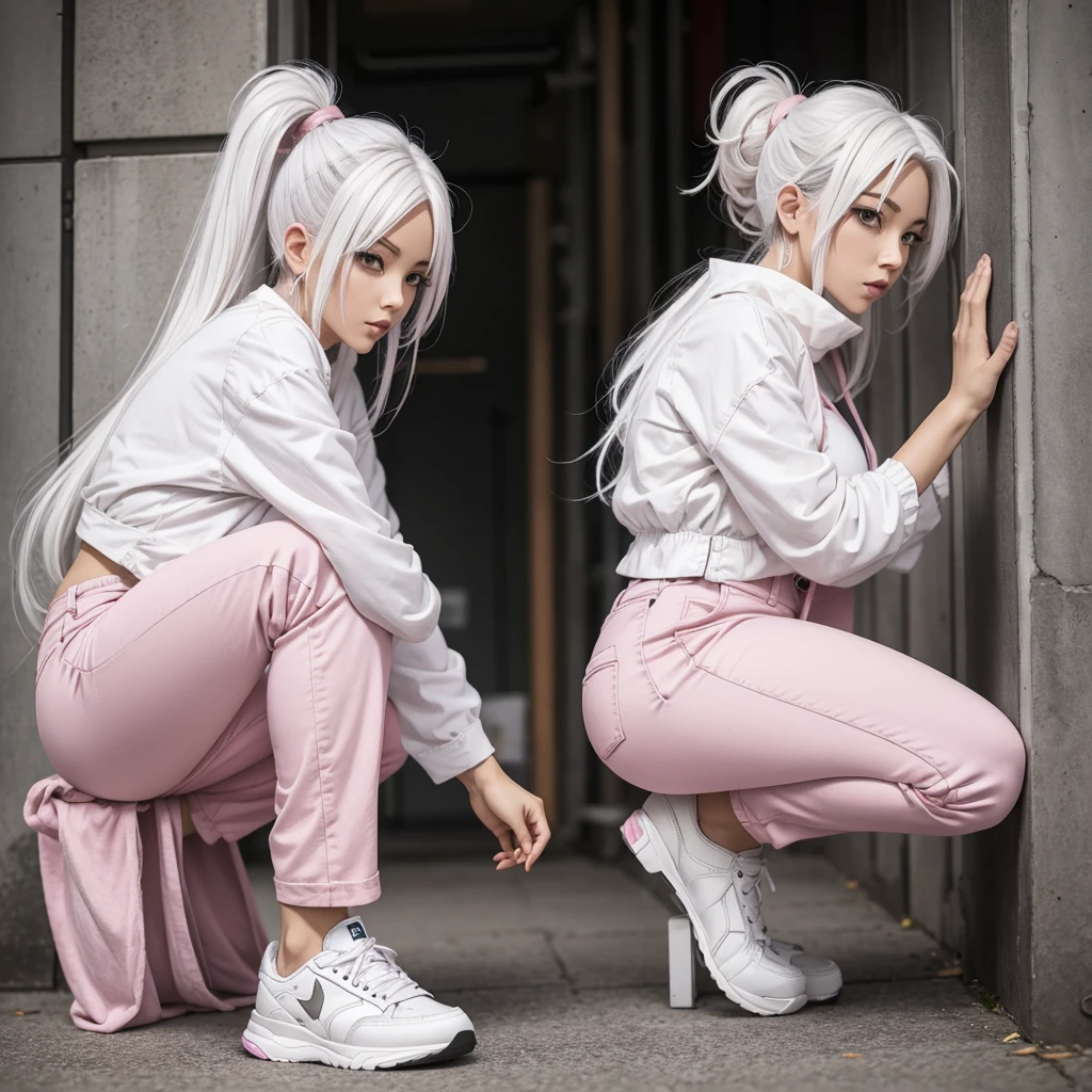 anime woman, White hair, crouched, pink pants, that's why