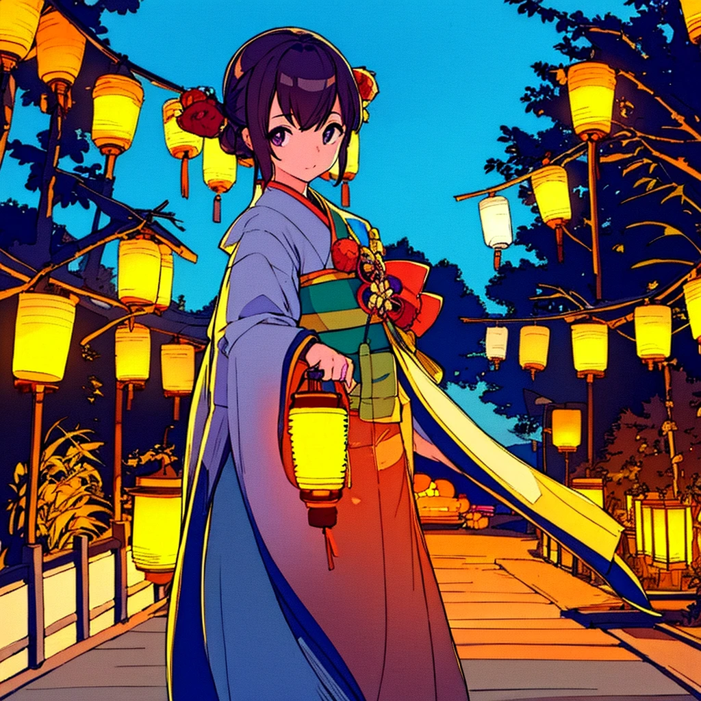 A girl in the center of the road Japanese summer night Many lanterns Fantastic
