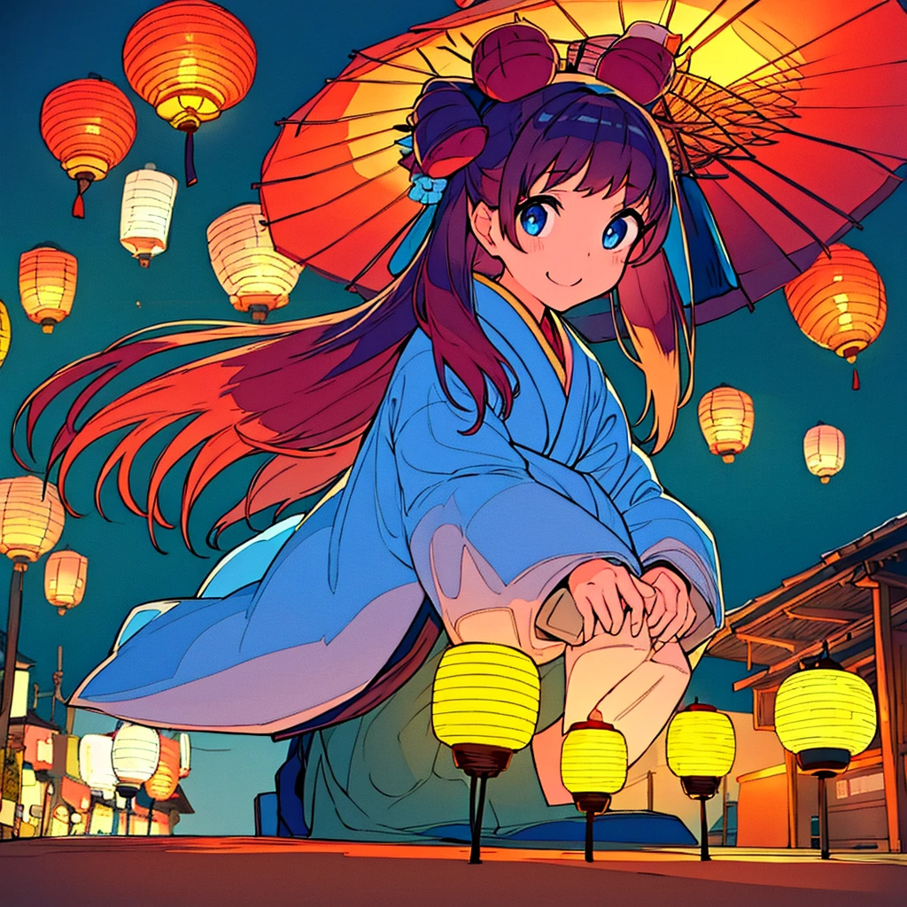 A girl in the center of the road Japanese summer night Many lanterns Fantastic