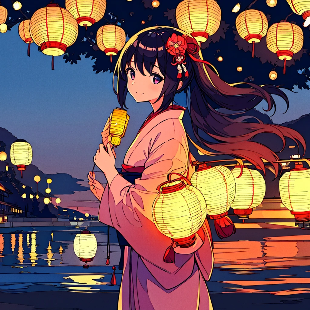 A girl in the center of the road Japanese summer night Many lanterns Fantastic