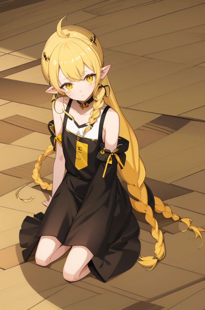 (punctuation_9,punctuation_8_High above,punctuation_7_High above,),oshino shinobu,long hair,standing alone,hair blonde,yellow eyes,pointy ears,skinny,,braids,white top,black shorts,blush stickers,bared shoulders,Bare feet,sitting down,Underarms, shy,bottom viewer,