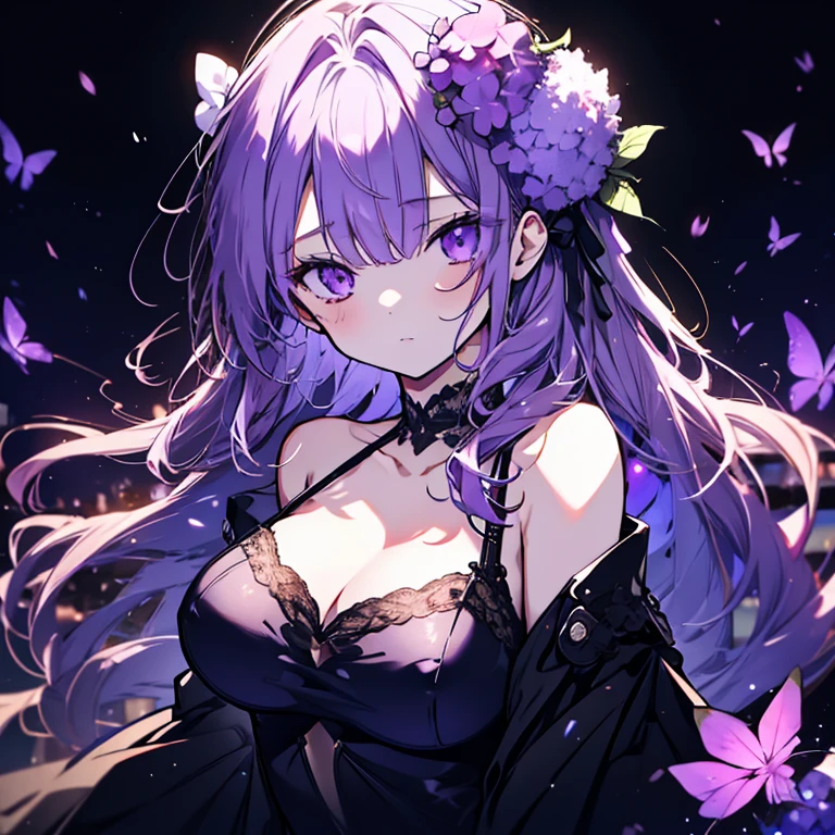 1 girl、Mature、Ample breasts、Long Hair、Purple Eyes、Black and purple hair、Purple butterfly、Black Dress、Shoulder Bare、Lace fabric、Look to the side、Hair blowing in the wind、Moonlit Night、palace、balcony、Curtains flutter、High resolution、Highest quality