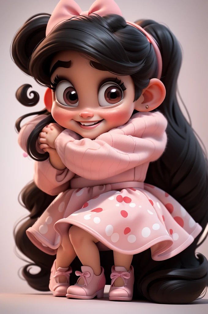 3d illustration, pixar style, cute chibi, baby girl ariana grande, black hair, long hair, red bow in hair, dress red with black with white dots, bright eyes, big eyelash, pink cheeks, happy, smiling, glitter, white socks, red high heels shoes, exuberant, fantastic, cute pose, wonderful, white background, clean solid background, hq, 8k, masterpiece
