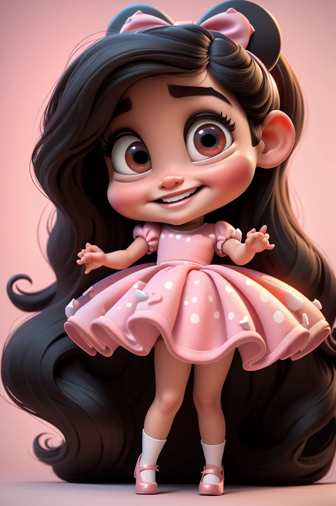 3d illustration, pixar style, cute chibi, baby girl ariana grande, black hair, long hair, red bow in hair, dress red with black with white dots, bright eyes, big eyelash, pink cheeks, happy, smiling, glitter, white socks, red high heels shoes, exuberant, fantastic, cute pose, wonderful, white background, clean solid background, hq, 8k, masterpiece