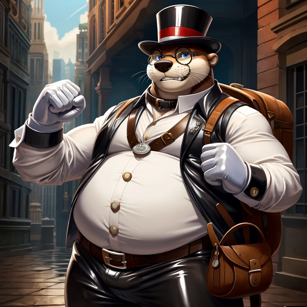Solo, Male, fat, extremely obese, gentleman, dapper Professor Otter, blue eyes, (posing:1.3), (soft shading), 4k, hi res, ((detailed face, detailed)), looking at viewer, evil grin, steampunk, collared shirt with buttons, top hat, male focus, Explorer Outfit, glasses, monocle, bag, vest with buttons, backpack, sleeves rolled up, round eyewear, brown headwear, brown vest, Otter is wearing a glossy leather dog collar around the neck, Otter is wearing the leather collar and shirt and vest at the same time, Godzilla is wearing glossy white rubber gloves on the hands, wearing white rubber gloves on the feet, Otter is wearing glossy white cuffs around the wrists with cufflinks, gloves are rubber in texture, clenching teeth, clenching fists, leather collar is glossy and shiny with a lot of detail, Otter is wearing gloves and cuffs and cufflinks at the same time, leather collar has a round dog-tag, leather collar is thick and detailed.