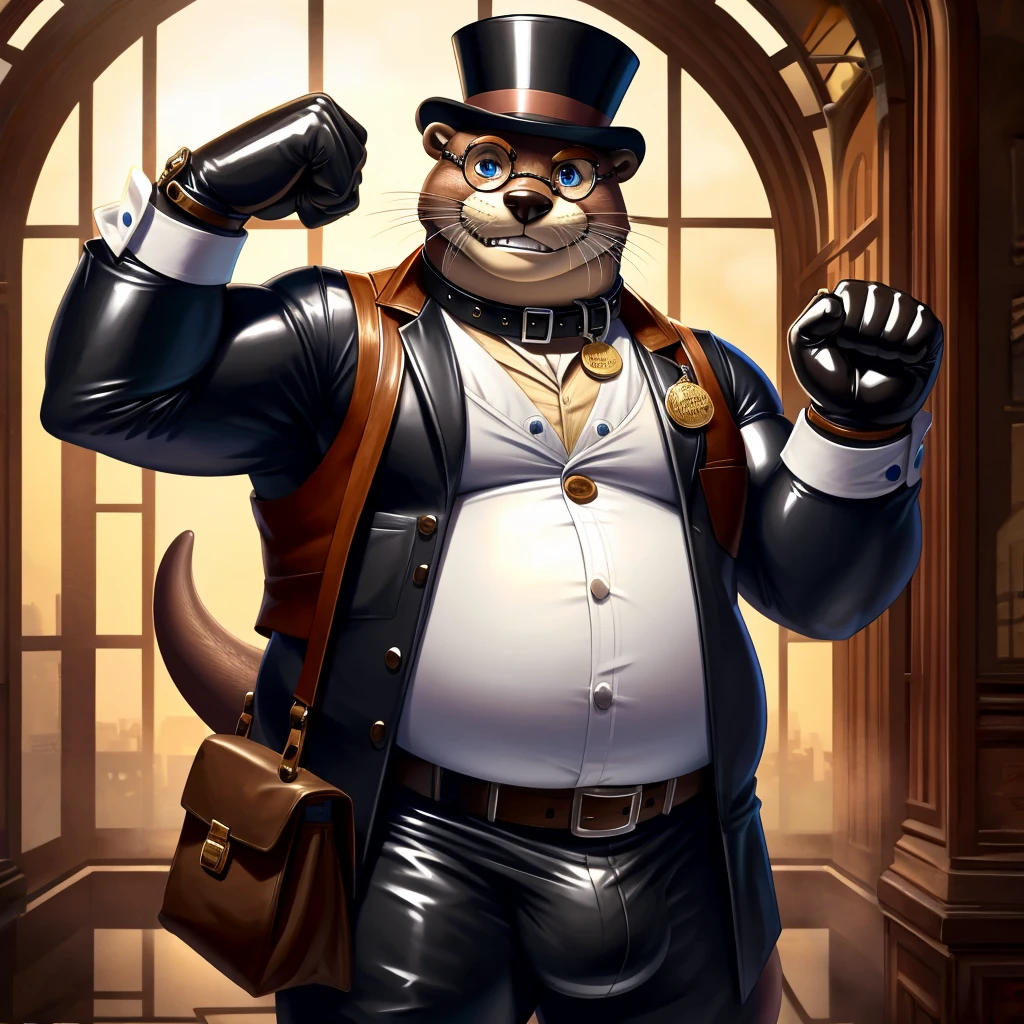Solo, Male, fat, extremely obese, gentleman, dapper Professor Otter, blue eyes, (posing:1.3), (soft shading), 4k, hi res, ((detailed face, detailed)), looking at viewer, evil grin, steampunk, collared shirt with buttons, top hat, male focus, Explorer Outfit, glasses, monocle, bag, vest with buttons, backpack, sleeves rolled up, round eyewear, brown headwear, brown vest, Otter is wearing a glossy leather dog collar around the neck, Otter is wearing the leather collar and shirt and vest at the same time, Godzilla is wearing glossy white rubber gloves on the hands, wearing white rubber gloves on the feet, Otter is wearing glossy white cuffs around the wrists with cufflinks, gloves are rubber in texture, clenching teeth, clenching fists, leather collar is glossy and shiny with a lot of detail, Otter is wearing gloves and cuffs and cufflinks at the same time, leather collar has a round dog-tag, leather collar is thick and detailed.
