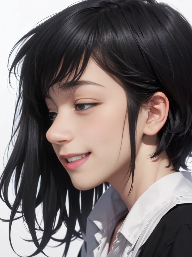 (((Masterpiece))), (high quality), one Japanese boy, 18 years old,(tall and thin,sleepy droopy eyes, long face,thin cheeks:1.5),(black shaggy short hair,blank expression,smile:1.5),Short Hair,Perm,White shirt,(profile:1.5),(Plain background:1.5),