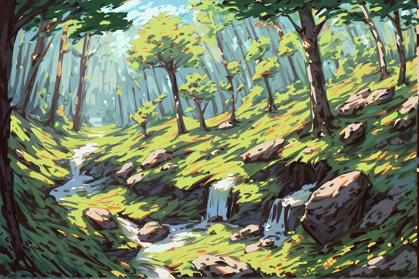 Landscape painting,forest,wood,rock