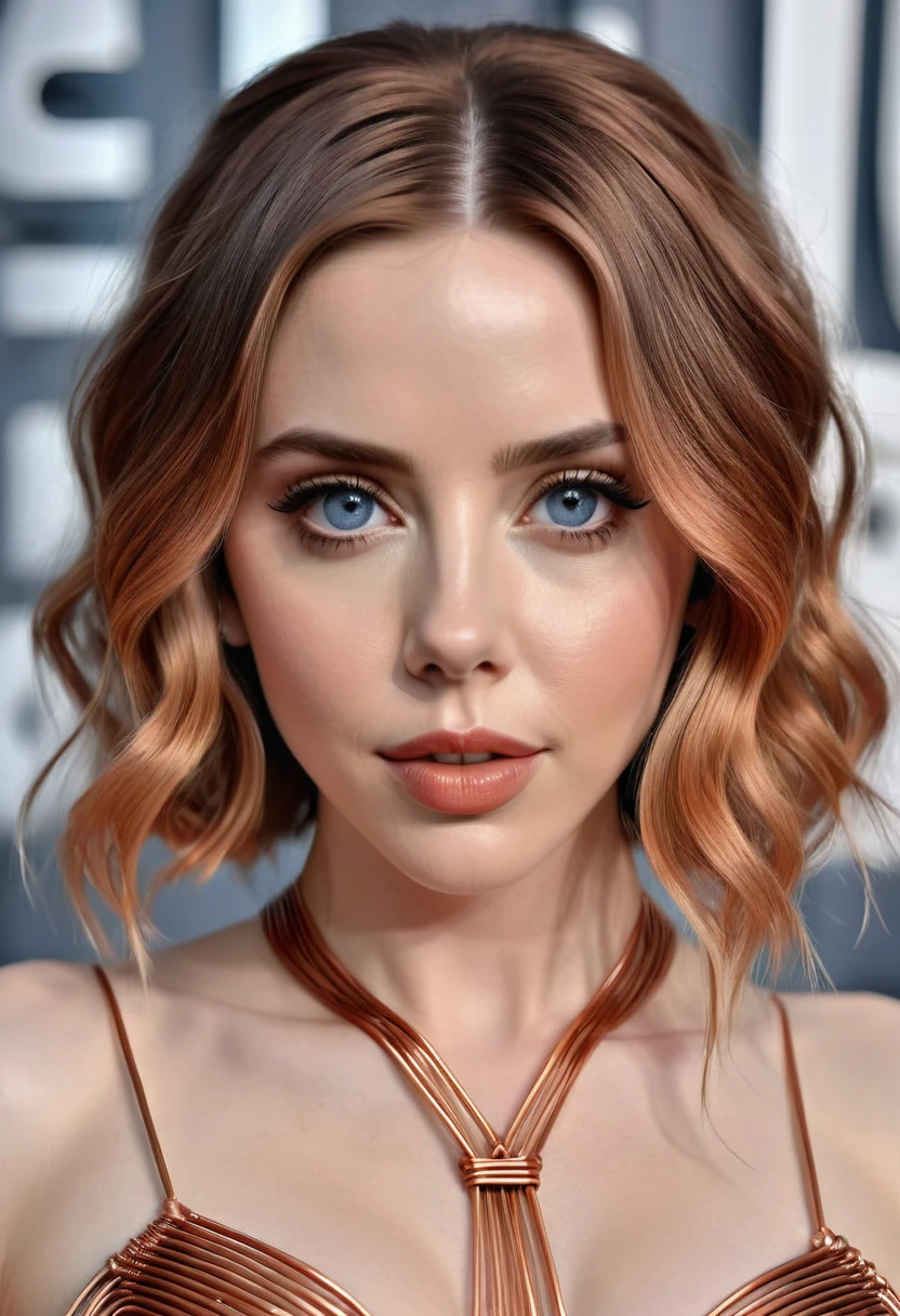 A beautiful women with copper wires for hair. Wearing a dress made of copper wires.This stunning beauty is a merge of Alison Brie, Scarlett Johansson, and Dove Cameron, with a symmetrical face rendered in photorealistic quality. The overall artwork is a masterpiece in 8K high resolution, top-quality,