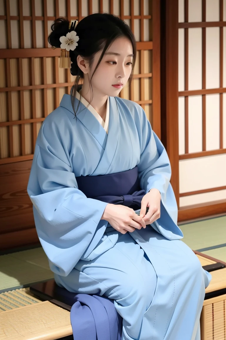 A woman in a kimono、Playing the koto。Sitting upright。