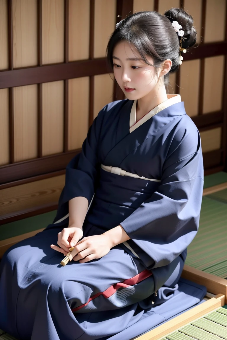 A woman in a kimono、Playing the koto。Sitting upright。