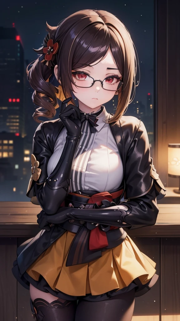 1 girl, Chiori \(genshin impact\), Alone, choker:1.6, White long sleeve shirt with long sleeve collar, black leather corset, black gloves that cover your hands, shiny black leggings, glasses, looking at the viewer,, inside, depth of field, expressionless, alley, at night