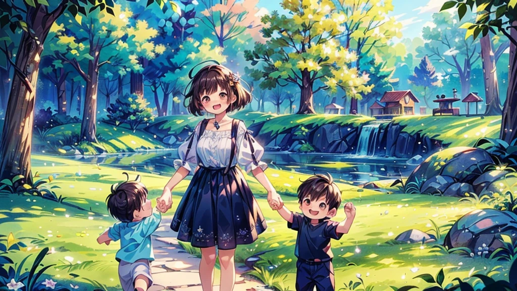 score_9,score_8_superior,(((Highest quality、Masterpiece、Official Art、The best dynamic composition、Super detailed)))、(((Single Mother)))、(((Mother and 3--old holding hands and smiling happily)))、Heartwarming、A gentle smile、A sparkling world、Gentle sunlight、