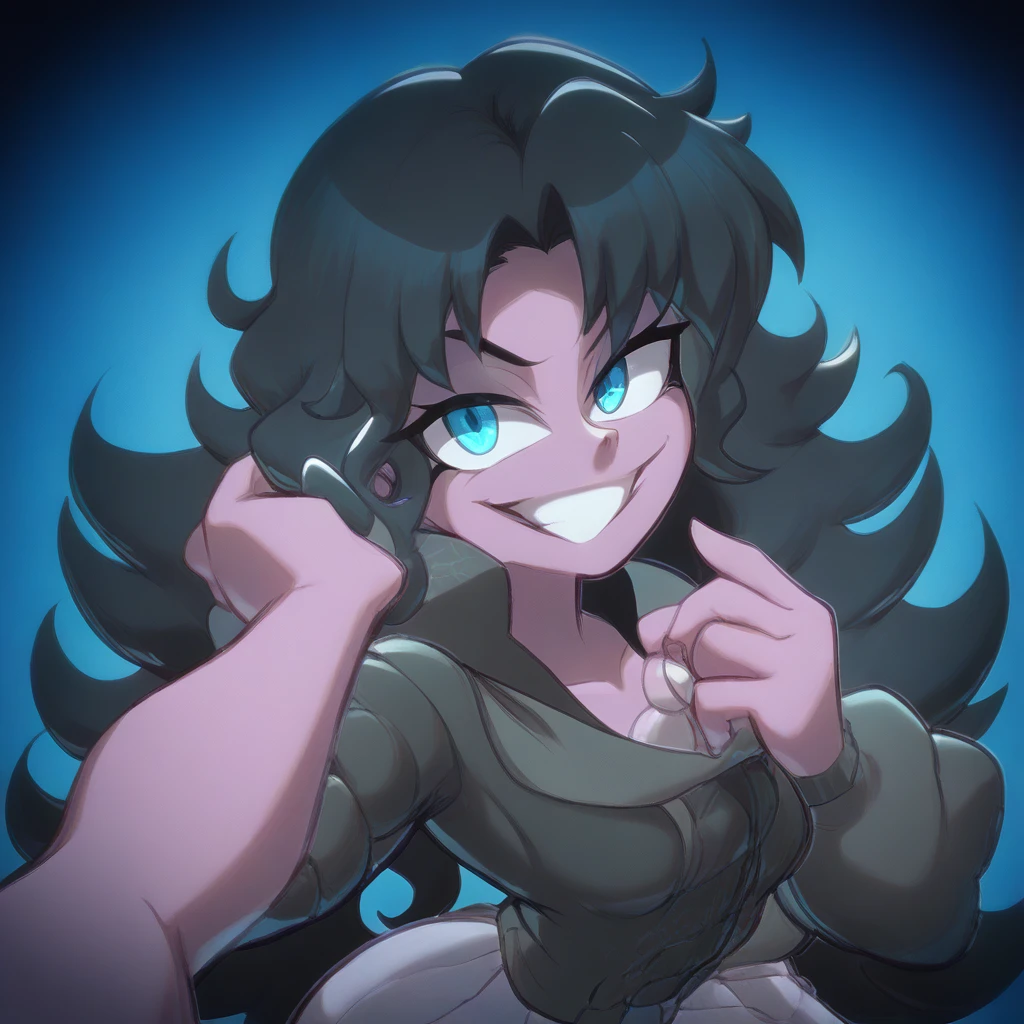 Ralph Bakshi Style, Curvy blue eyed girl with long wavy black hair and small breasts, (extreme nsfw)3.0, lewd3.0, upshot, pov