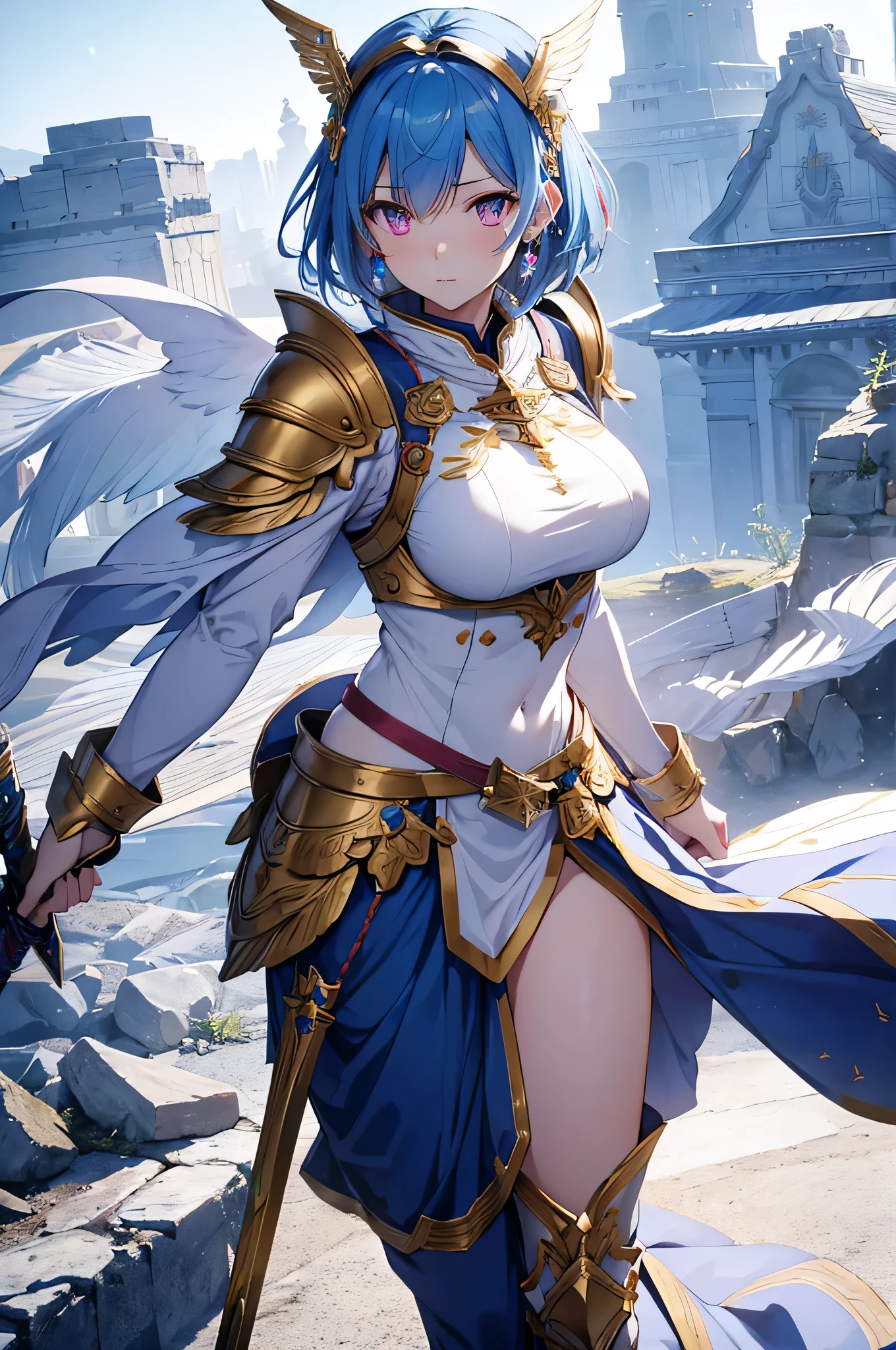 4K,High resolution,One Woman,Blue Hair,Short Hair,Pink eyes,Big Breasts,Valkyrie,White sacred armor,Full Armor,Winged headgear,Jewelry decoration,Gold decoration,Holy Long Sword,Temple in the Sky