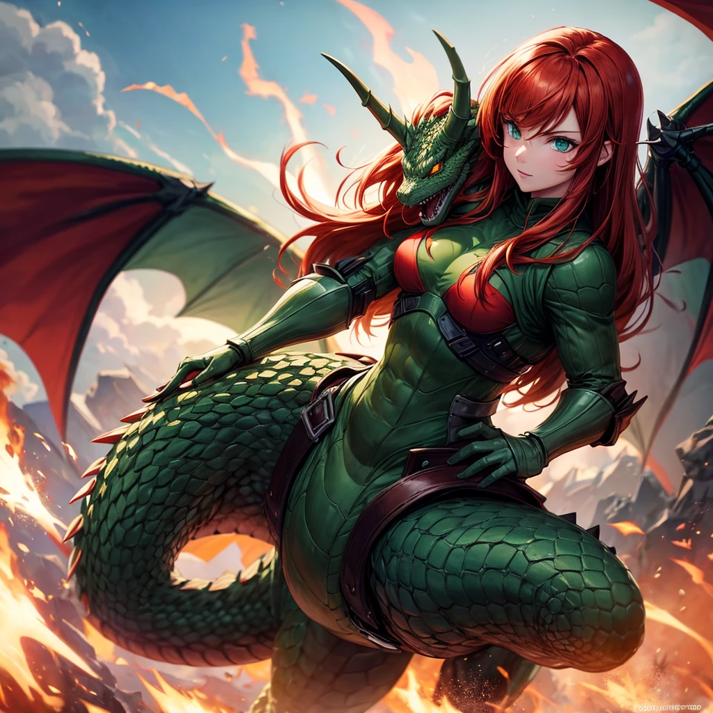 redhead green eyes firepower riding a dragon