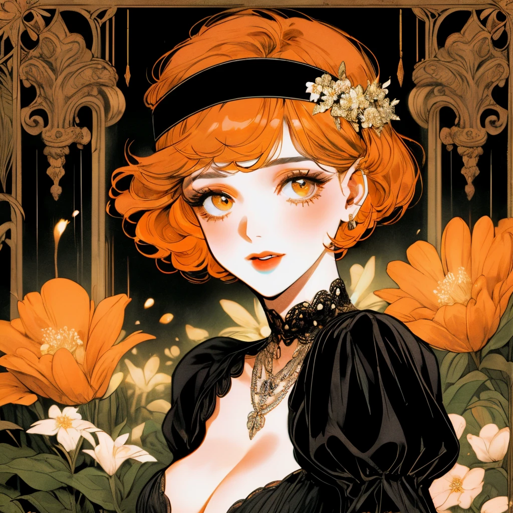 masterpiece, collage of short straight orange haired woman, hazel eyes, show cleavage a little, wearing black dress and black flapper headband, German, 1920s, 1920s outfit, a singer, in a cruise, flower, calm demeanor, various seducing pose