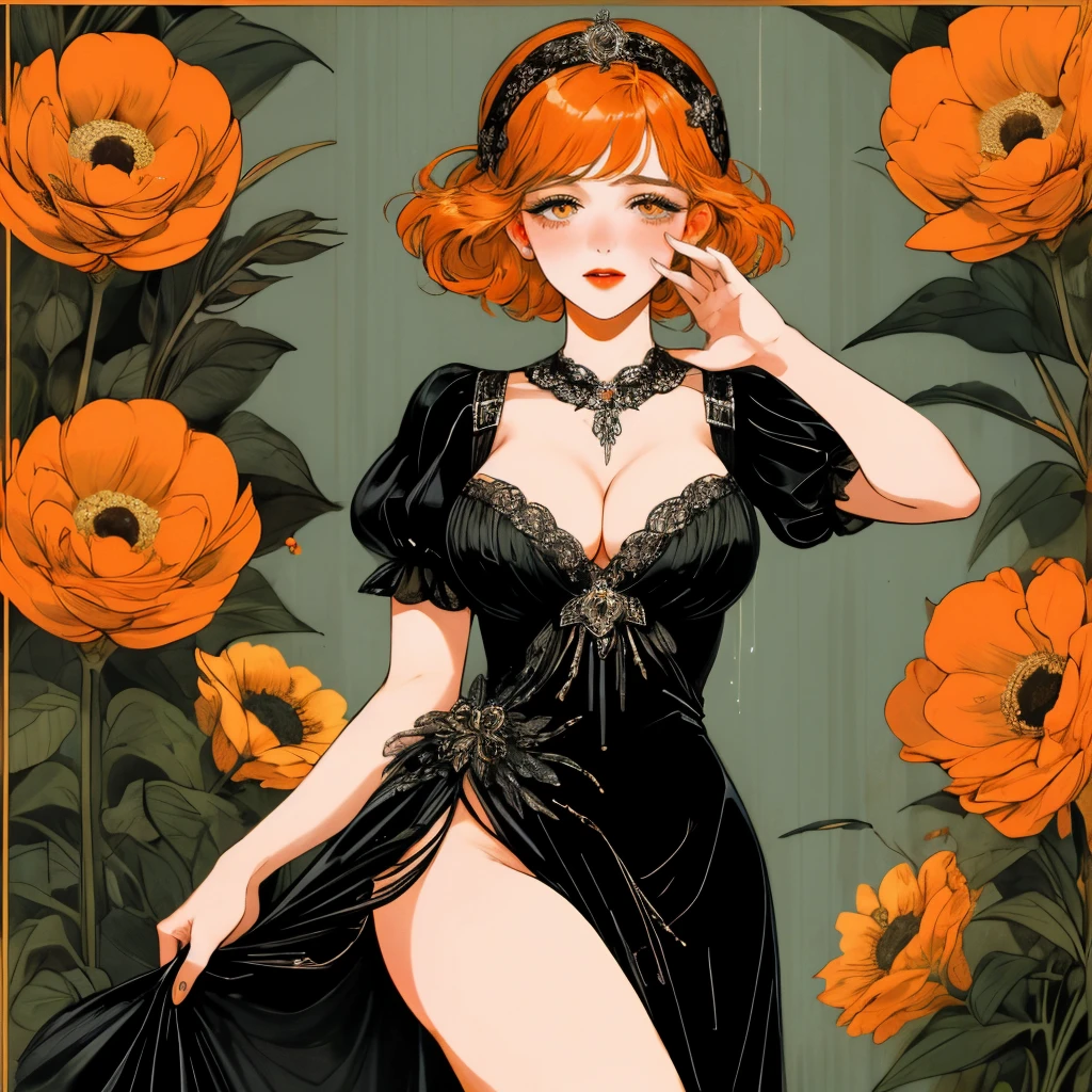 masterpiece, collage of short soft orange haired woman holding flower, hazel eyes, show cleavage a little, wearing black dress and black flapper headband, German, 1920s, 1920s outfit, a singer, in a cruise, realistic size of facial features