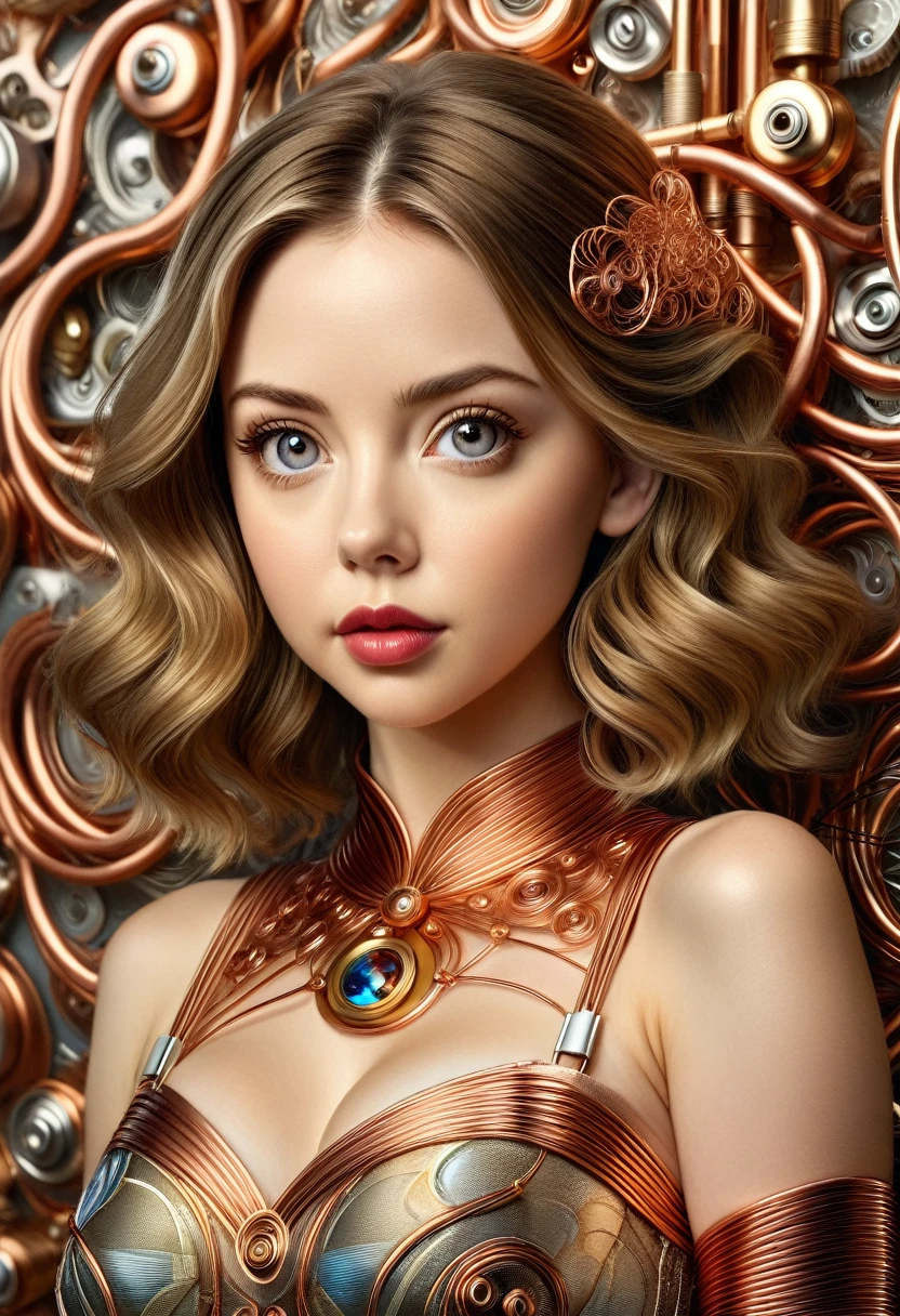 A beautiful women with copper wires for hair. Wearing a dress made of copper wires.This stunning beauty is a merge of Alison Brie, Scarlett Johansson, and Dove Cameron, with a symmetrical face rendered in photorealistic quality. The overall artwork is a masterpiece in 8K high resolution, top-quality,