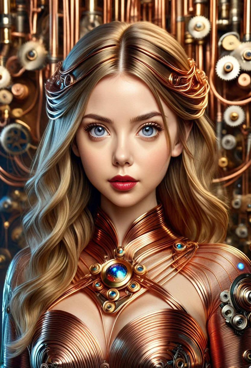A beautiful women with copper wires for hair. Wearing a dress made of copper wires.This stunning beauty is a merge of Alison Brie, Scarlett Johansson, and Dove Cameron, with a symmetrical face rendered in photorealistic quality. The overall artwork is a masterpiece in 8K high resolution, top-quality,
