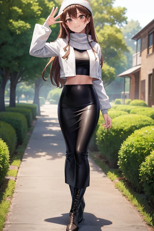 1girl, woman wearing white leather jacket, crop top, tight midi pencil skirt black, long length pencil skirt, modest skirt, long brown hair, looking at viewer, full body, waving, smile, blush, boots, garden, fall, large bust, beanie, scarf