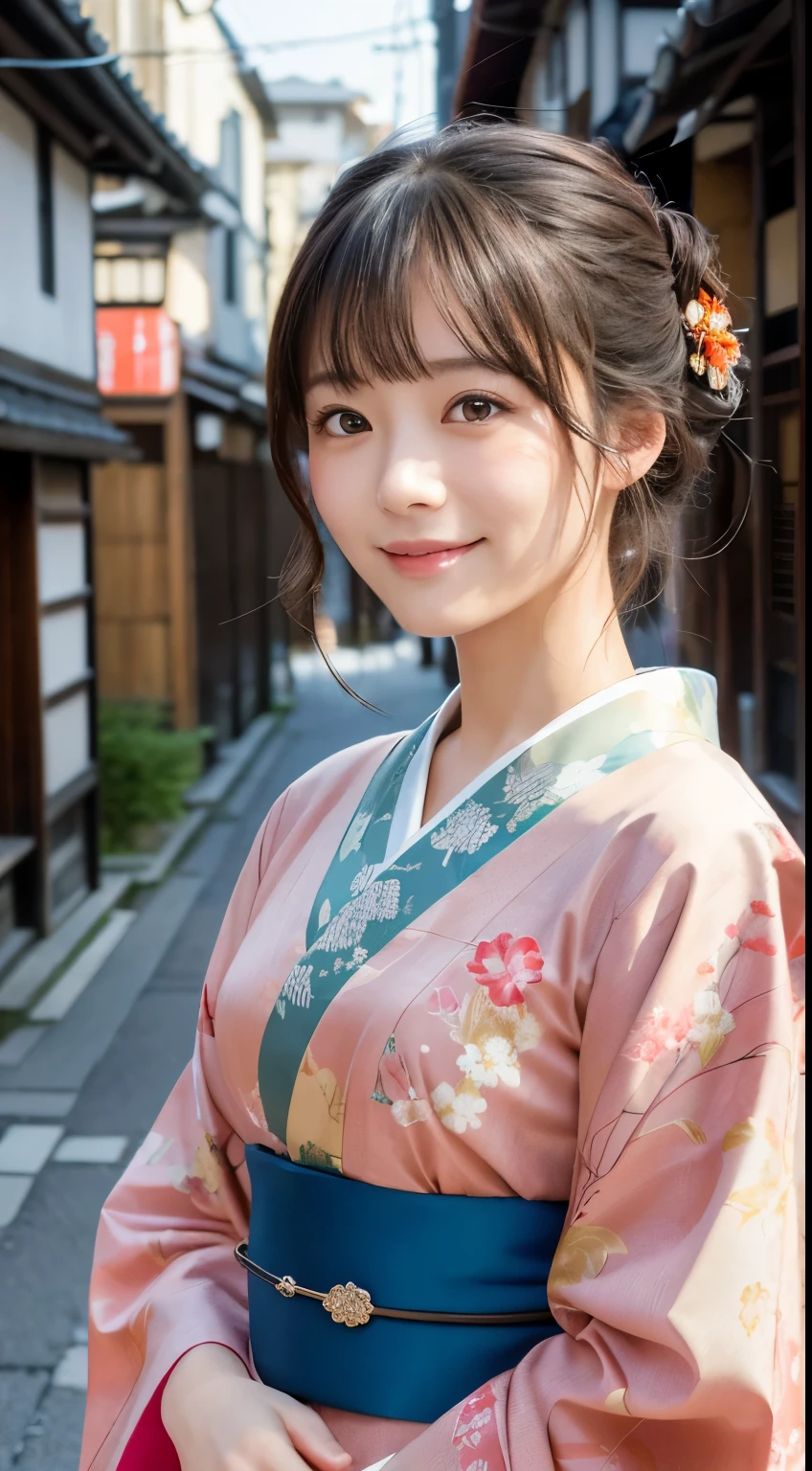 Professional Lighting,(Realistic:1.4), (Top image quality:1.0), (超High resolution:1.0), 8K, Raw photography, (masterpiece:0.2), (Dealing with the Children_v1:0.5)、(最高quality Detail:1.2)、Realistic、8K Ultra HD、High resolution、(1 Girl:1.2)、超detailedな、High quality textures、複雑なdetailed、detailed、Very detailed CG、High quality shadows、detailed 美しく繊細な顔、Beautiful details and a delicate eye、(Symmetrical eyes:1.2),Written boundary depth、Ray Tracing,1 Girl, Japanese Girls, (Natural smile:1.4),cute, thin, Portrait of a beautiful Japanese woman in a kimono, Standing elegantly on a street corner in Kyoto. Kimono with vibrant traditional patterns, Hair decorated with elegant and delicate hairpins, Gentle expression. (With the old streets of Kyoto in the background:1.4)、The soft light of a spring afternoon、Adding tranquility to the scene. Rendered in a Realistic style with great attention to detail, High resolutionの画像.Sky Porn, Magic Hour, (Realistic:1.3), finely, quality, (Tabletop:1.2), (Realistic:1.2), (最高quality), (複雑なdetailed), dramatic, Ray Tracing, photograph, +roller