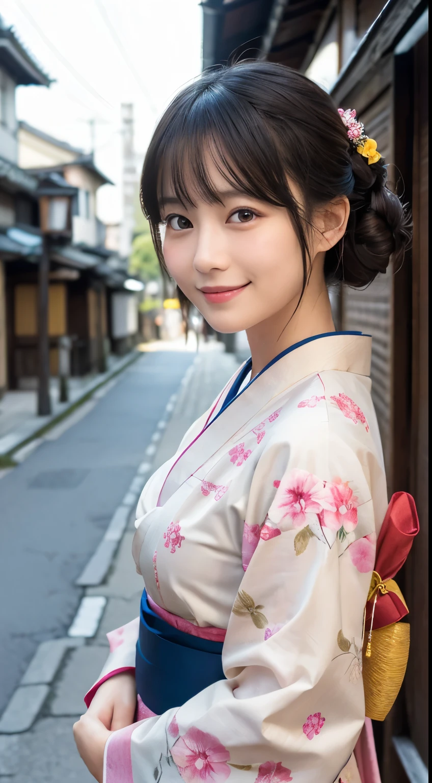 Professional Lighting,(Realistic:1.4), (Top image quality:1.0), (超High resolution:1.0), 8K, Raw photography, (masterpiece:0.2), (Dealing with the Children_v1:0.5)、(最高quality Detail:1.2)、Realistic、8K Ultra HD、High resolution、(1 Girl:1.2)、超detailedな、High quality textures、複雑なdetailed、detailed、Very detailed CG、High quality shadows、detailed 美しく繊細な顔、Beautiful details and a delicate eye、(Symmetrical eyes:1.2),Written boundary depth、Ray Tracing,1 Girl, Japanese Girls, (Natural smile:1.4),cute, thin, Portrait of a beautiful Japanese woman in a kimono, Standing elegantly on a street corner in Kyoto. Kimono with vibrant traditional patterns, Hair decorated with elegant and delicate hairpins, Gentle expression. (With the old streets of Kyoto in the background:1.4)、The soft light of a spring afternoon、Adding tranquility to the scene. Rendered in a Realistic style with great attention to detail, High resolutionの画像.Sky Porn, Magic Hour, (Realistic:1.3), finely, quality, (Tabletop:1.2), (Realistic:1.2), (最高quality), (複雑なdetailed), dramatic, Ray Tracing, photograph, +roller