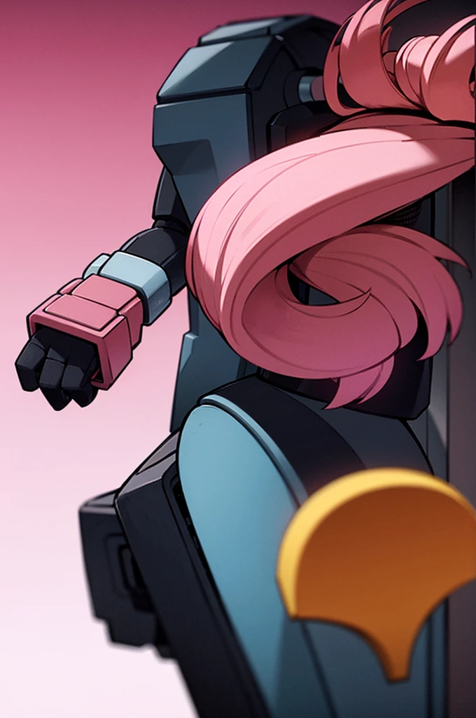 Pink long hair, red eyes, simple background, full body, robot arms,