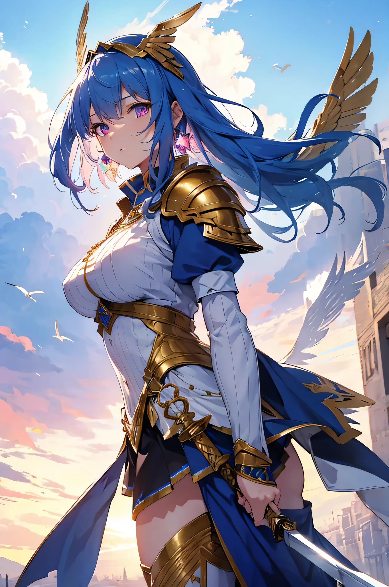 4K,High resolution,One Woman,Blue Hair,Short Hair,Pink eyes,Big Breasts,Valkyrie,White sacred armor,Full Armor,Winged headgear,Jewelry decoration,Gold decoration,Holy Long Sword,Temple in the Sky