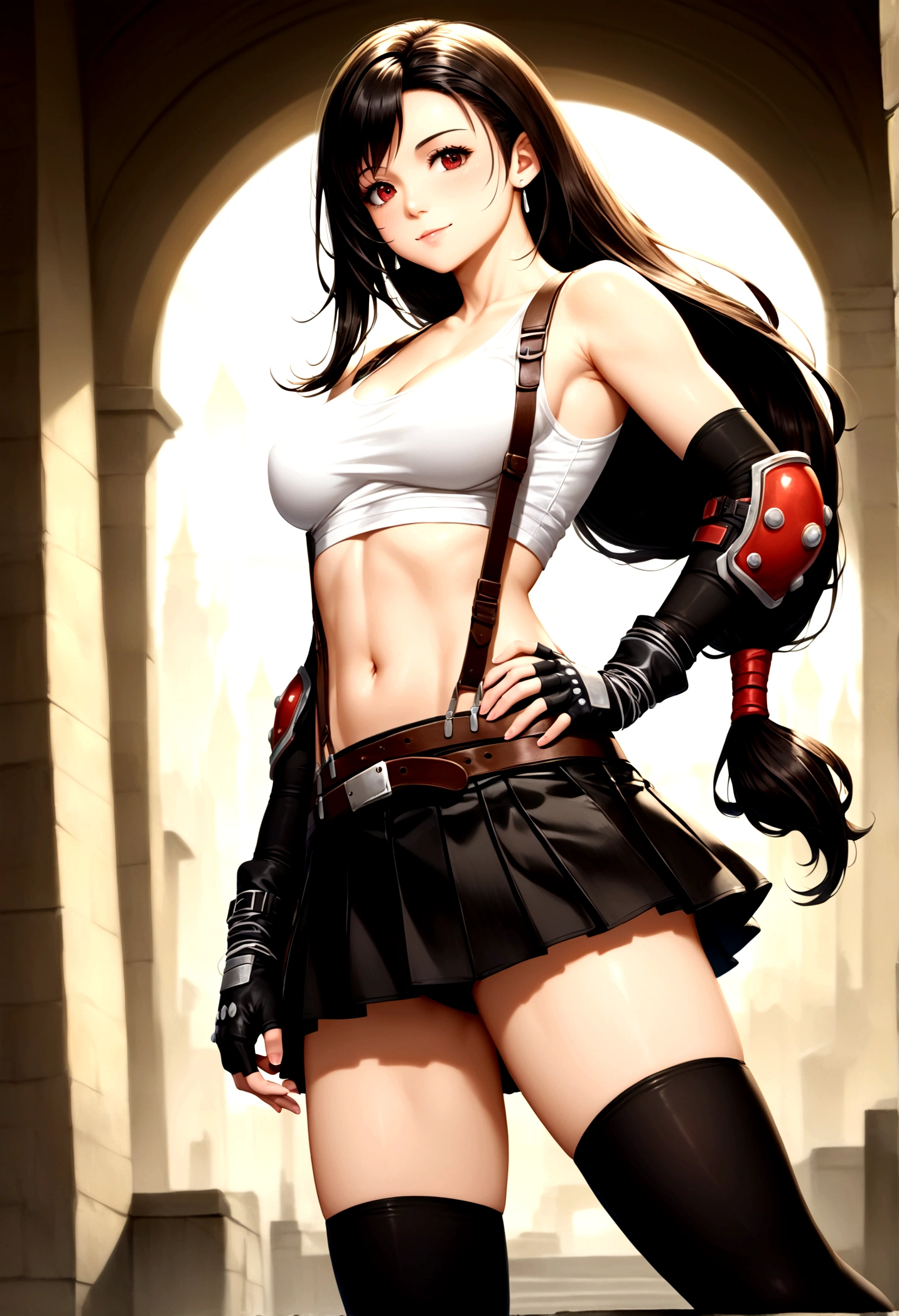 score_9, score_8_up, score_7_up,score_6, score_5,BREAK , ,from side,below view,side angle,pov,,,standing,contrapost,upperbody ,,straight-on,Solo,1girl, tifa lockhart, final fantasy,ultra beautiful ,black hair, low-tied long hair, red eyes, bangs, (white tank top,gap) (belt, pleated skirt, thighhighs, elbow fingerless gloves, elbow pads, midriff, navel,suspenders.skirt),beautiful waist ,((large_breast:1.3)),light smile,,hand on own hip,daytime,outdoor,(ultra detailed),(best quality),(aesthetic,very aesthetic),UHD,photorealistic,extremely detailed CG unity 8k wallpaper,anime,depth of field,,, 　　