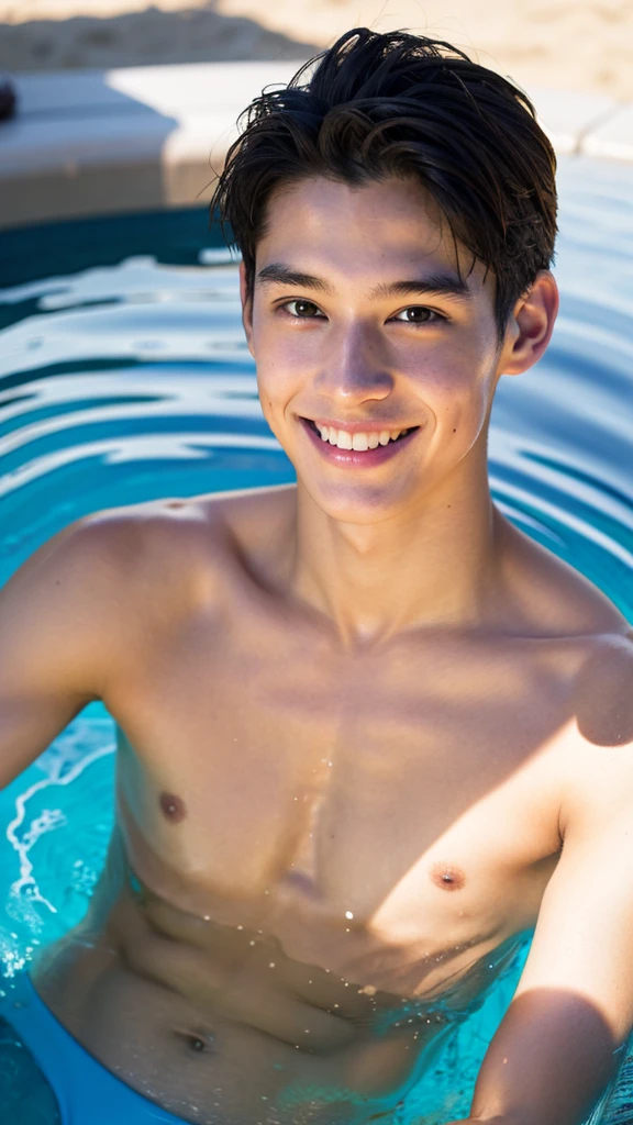 male Age 19 swimwear topless smile